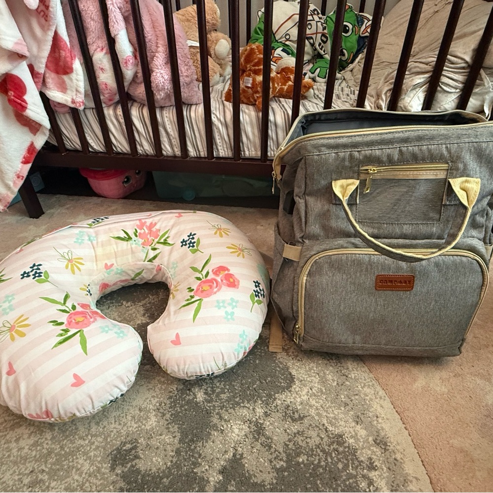 Boppy pillow and Gray Bag diaper bag with changing mat